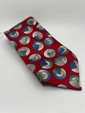Dior Red Silk Tie with Multicolor Geometric Medallions